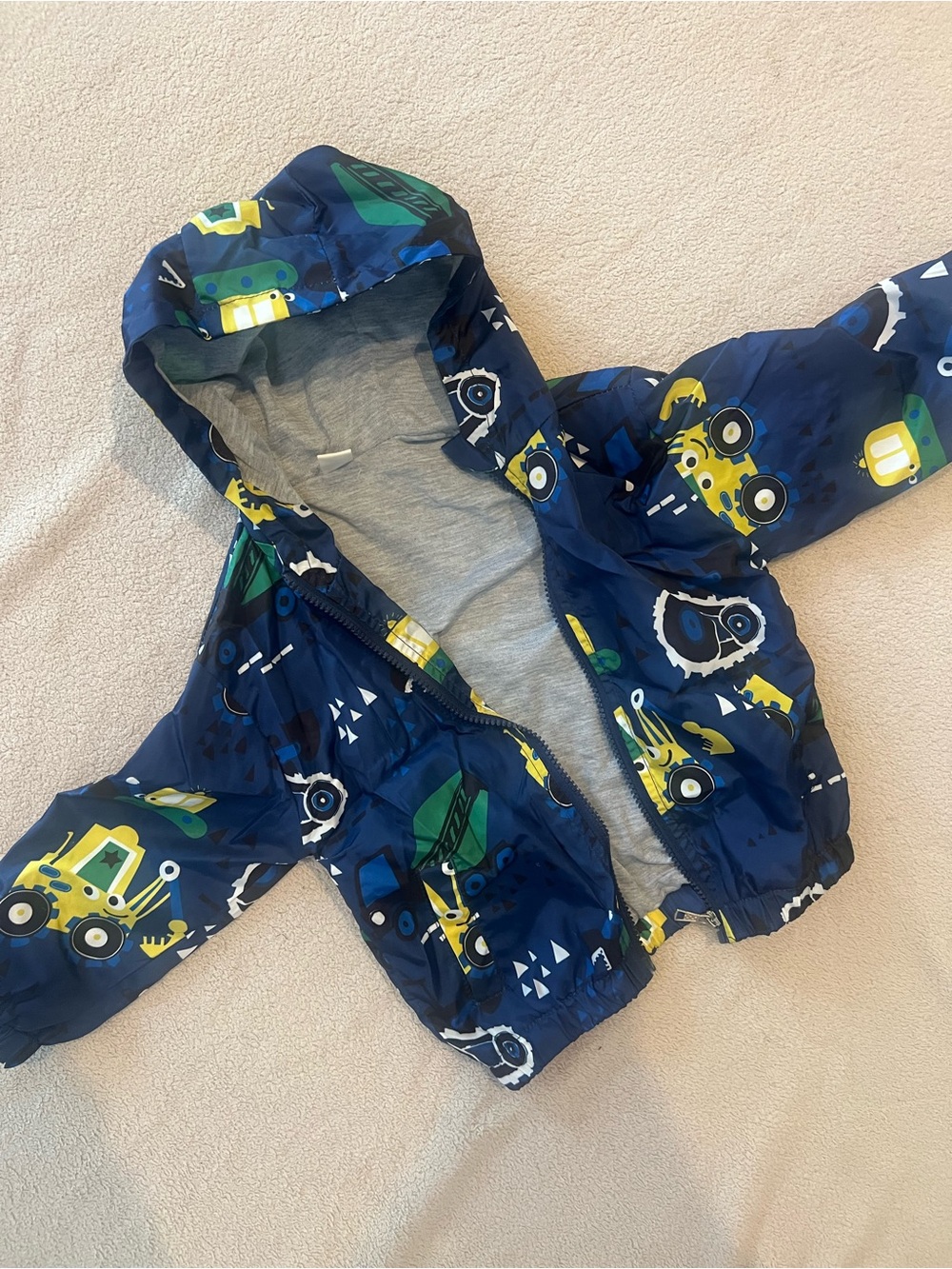 Source Unknown Navy Hooded Jacket with Yellow & Green Vehicle Print